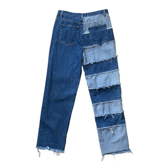 Mid Wash Denim High Waist Wide Leg Patchwork Leg Jeans Large Size 12 - Picture 2 of 4